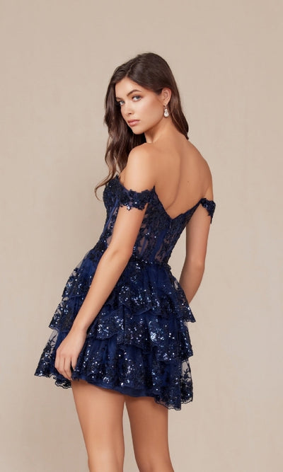 Nox Anabel K856 Sparkling Off-Shoulder Sequin Hoco Dress with Ruffled Hem