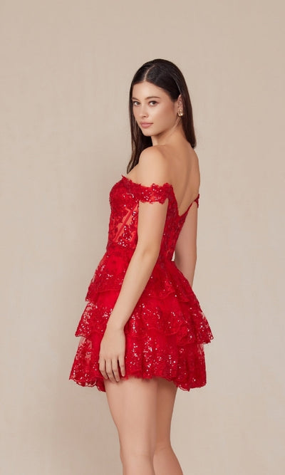 Nox Anabel K856 Sparkling Off-Shoulder Sequin Hoco Dress with Ruffled Hem