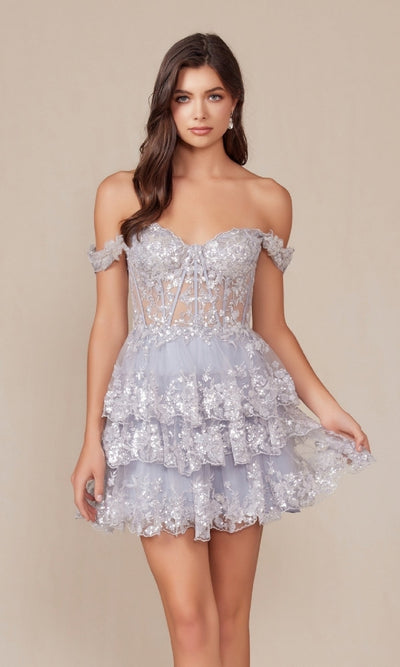 Nox Anabel K856 Sparkling Off-Shoulder Sequin Hoco Dress with Ruffled Hem