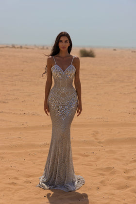 Chic and Holland HF110025 V-Neck Beaded Evening Gown with Open Back