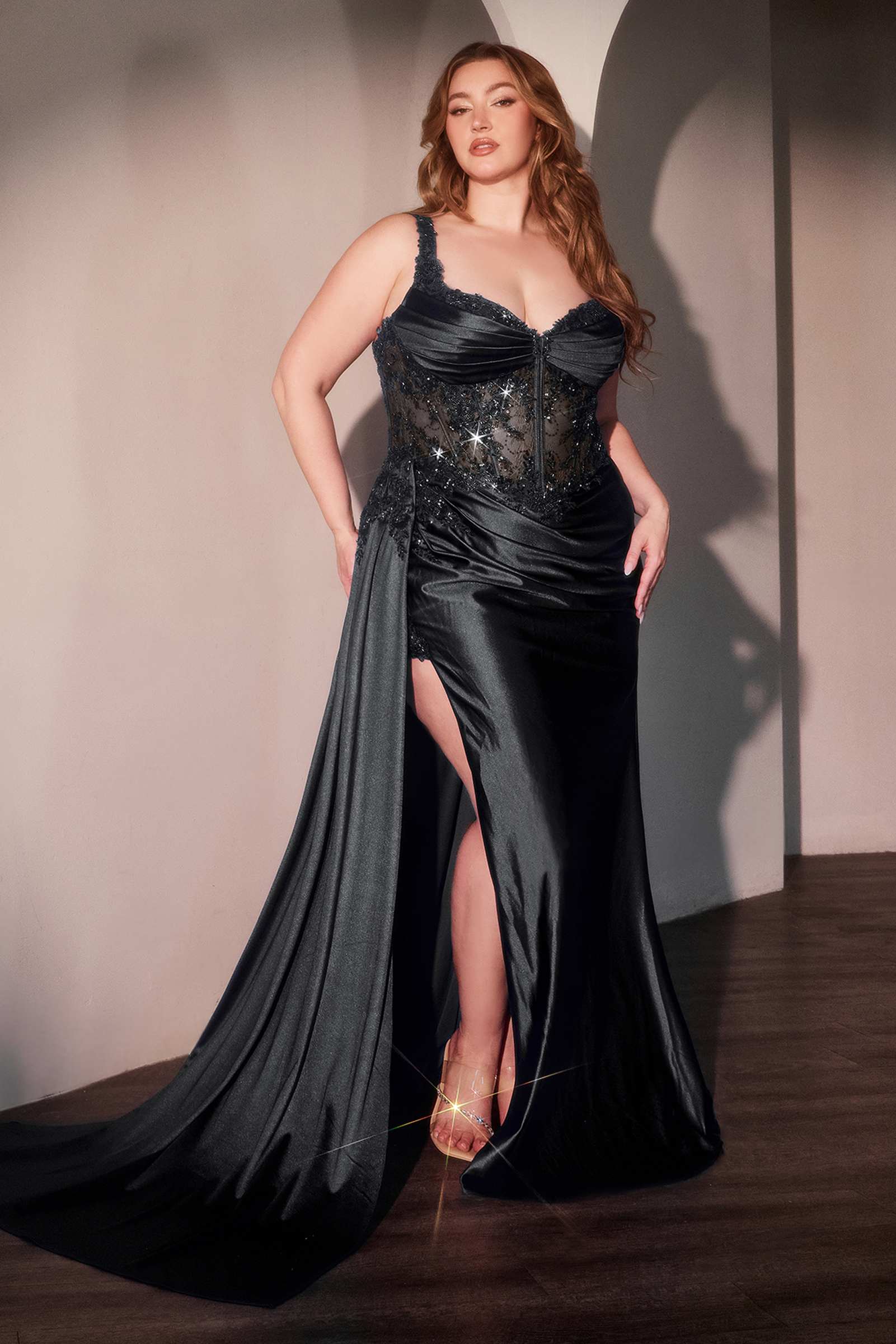 Sleek Black Satin & Lace Prom Dress by Cinderella Divine