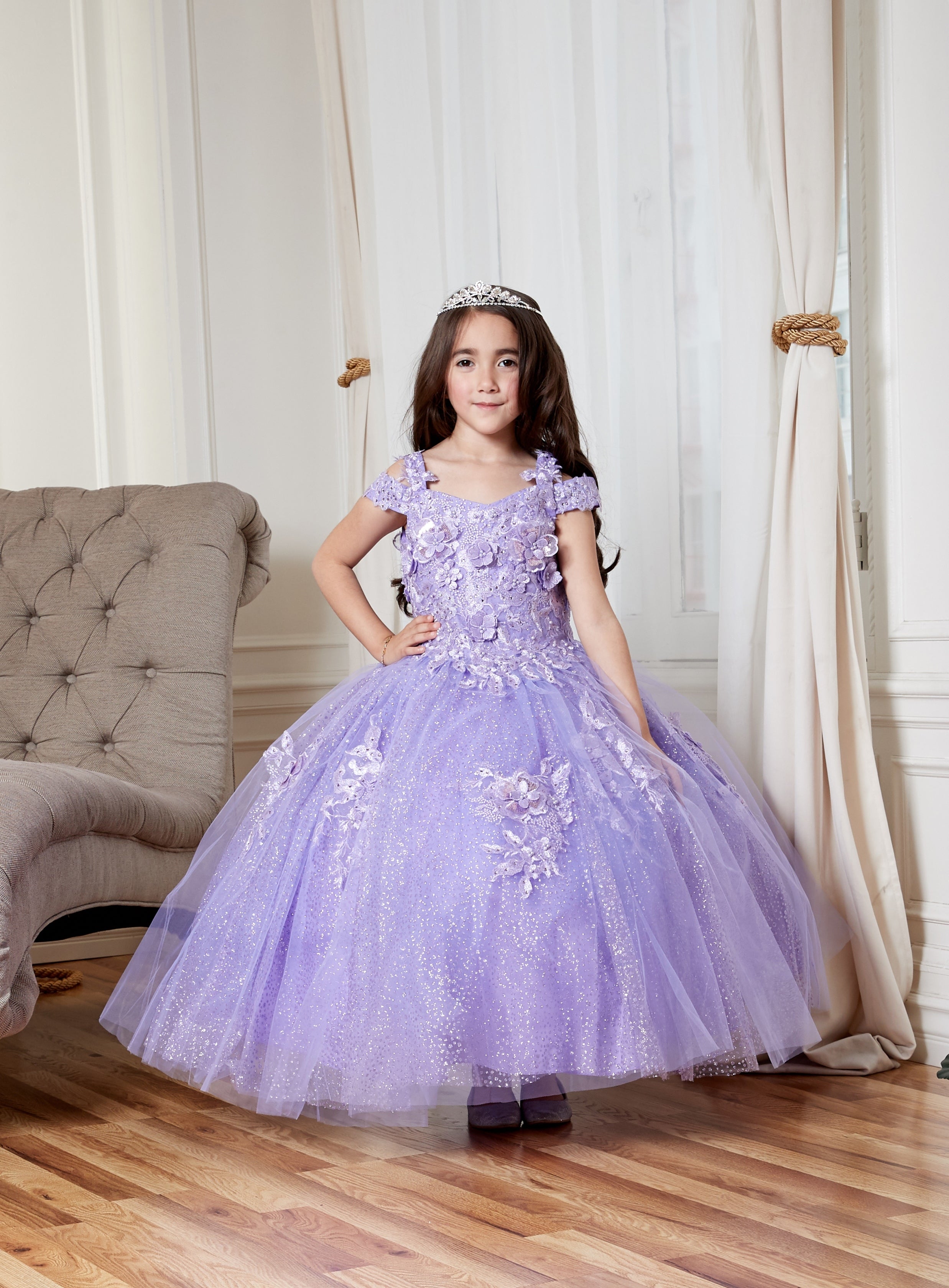 formal dresses for young girls Calla KY234 3D Floral Off Shoulder Glitter Gown voluminous drape