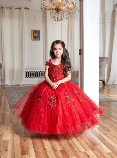 Calla KY234 Girls 3D Floral Off Shoulder Glitter Gown
