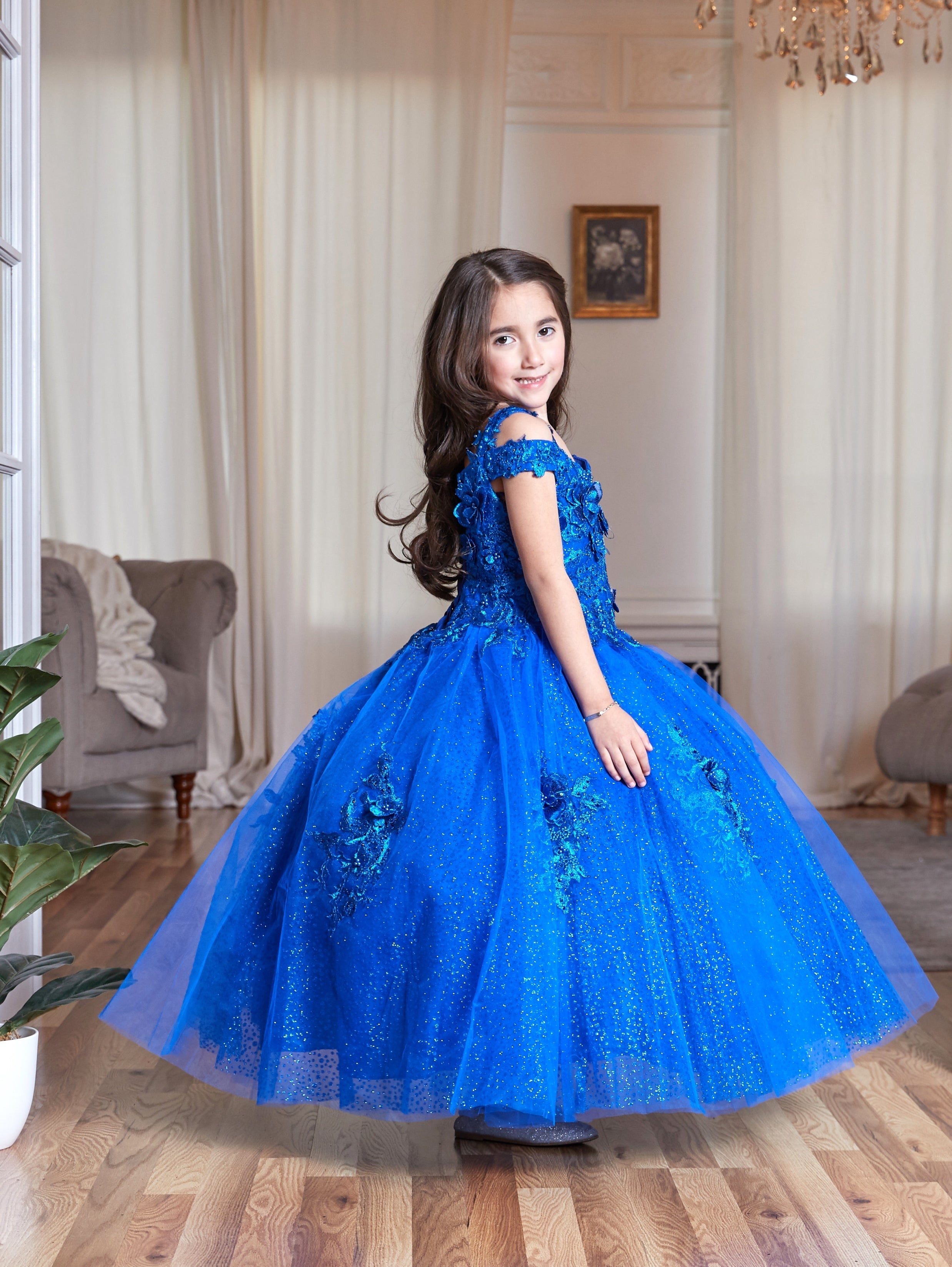 Calla KY234 Girls 3D Floral Off Shoulder Glitter Gown