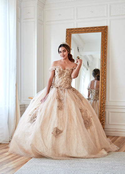 3D Floral Off-Shoulder Glitter Ball Gown by Calla KY73112