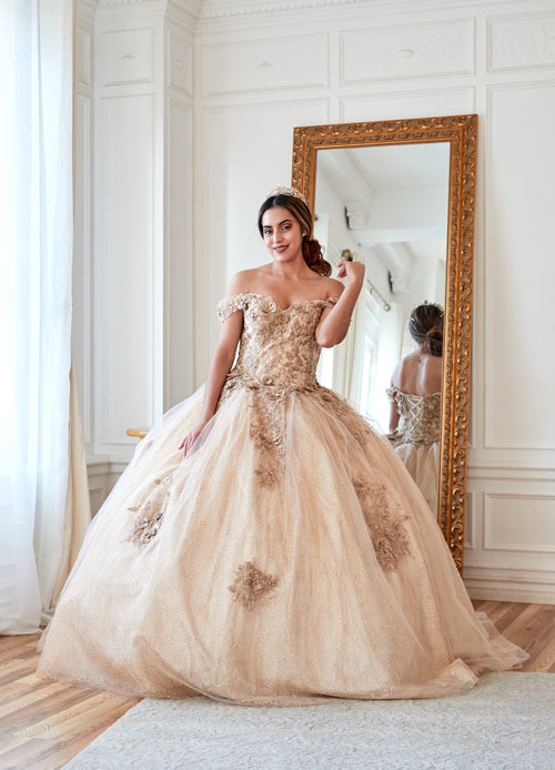 3D Floral Off-Shoulder Glitter Ball Gown by Calla KY73112