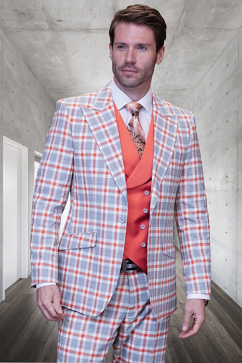 Traje de verano de lana con chaleco de diseñador para hombre en cuadros grises y naranja coral con paneles de ventana