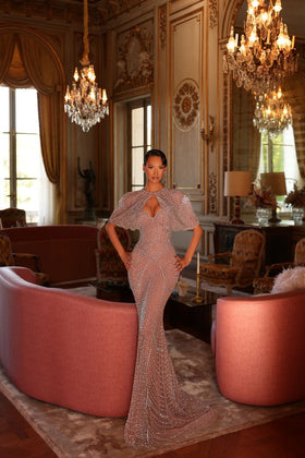 Chic and Holland HF110607 Sweetheart Cape Sleeve Beaded Sheath Prom Gown