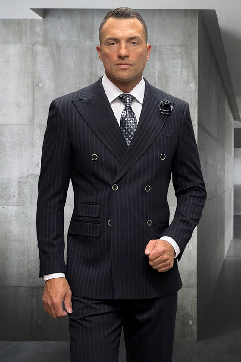 Men's Classic Fit Double Breasted Wool Pinstripe Suit in Black