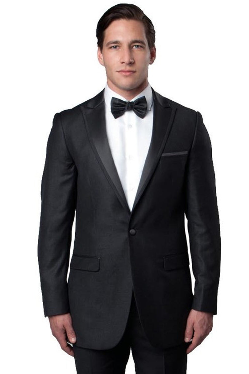 Esmoquin de corte entallado para hombre, con un botón, ribete de satén y solapa de pico, para graduación y boda, en gris carbón.