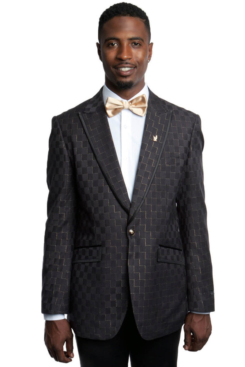 Blazer negro y dorado con estampado de cuadros y solapa de pico de un botón para hombre