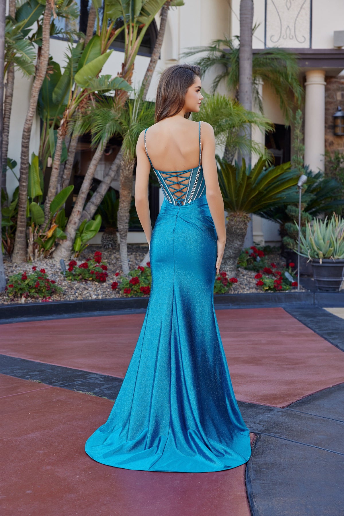 Nox Anabel L1769 V-Neck Beaded Fitted Long Corset Evening Gown with Train