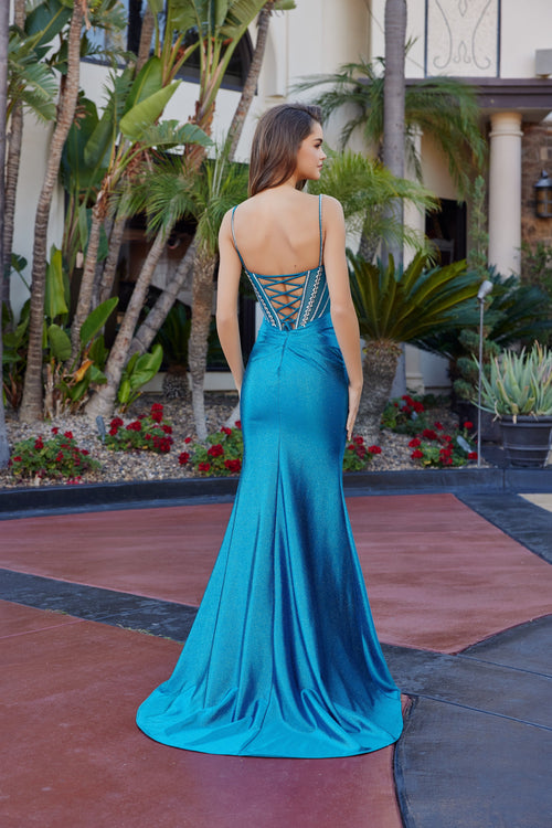 Nox Anabel L1769 V-Neck Beaded Fitted Long Corset Evening Gown with Train