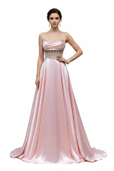 Sleeveless Beaded Corset Bodice Prom Dress High Slit & Pockets Evening Gown by Trevi L2861L