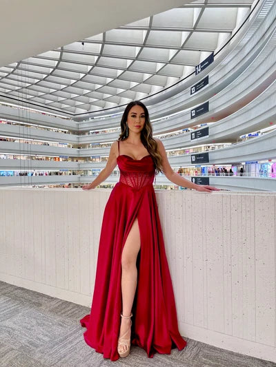 Sleeveless Beaded Corset Bodice Prom Dress High Slit & Pockets Evening Gown by Trevi L2861L