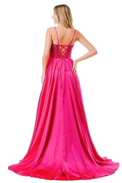 Sleeveless Beaded Corset Bodice Prom Dress High Slit & Pockets Evening Gown by Trevi L2861L