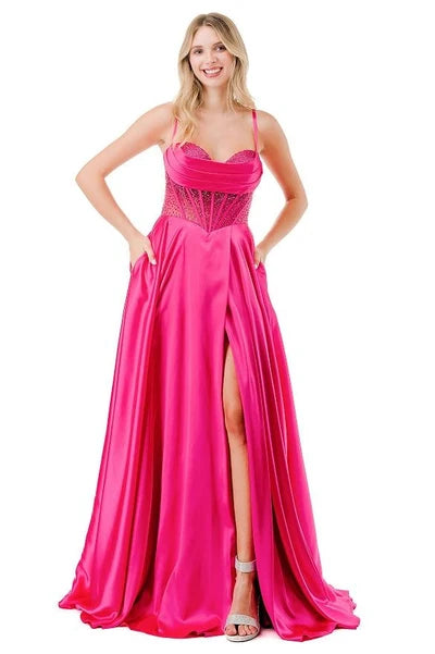 Sleeveless Beaded Corset Bodice Prom Dress High Slit & Pockets Evening Gown by Trevi L2861L