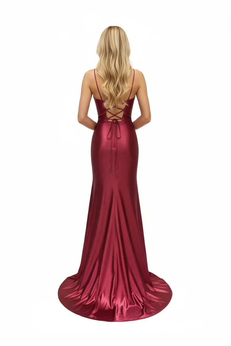 Sleeveless Cowl Neck Satin Sheath Prom Dress with Thigh-High Slit & Lace-Up Back by Trevi TL3053L