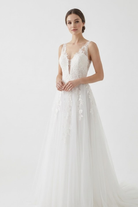 Deep V-Neck Sheer Lace Strap Floral Appliqué A-Line Tulle Wedding Dress by May Queen MQ2253