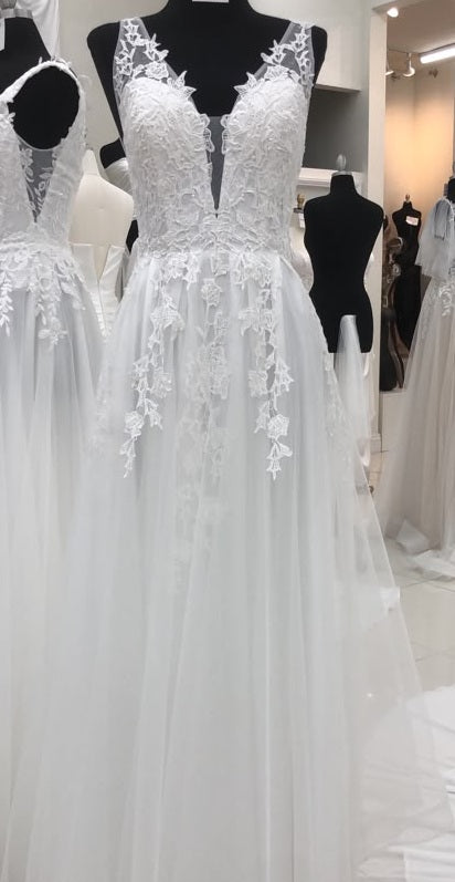 Deep V-Neck Sheer Lace Strap Floral Appliqué A-Line Tulle Wedding Dress by May Queen MQ2253