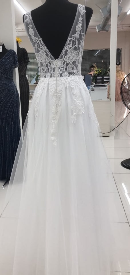 Deep V-Neck Sheer Lace Strap Floral Appliqué A-Line Tulle Wedding Dress by May Queen MQ2253