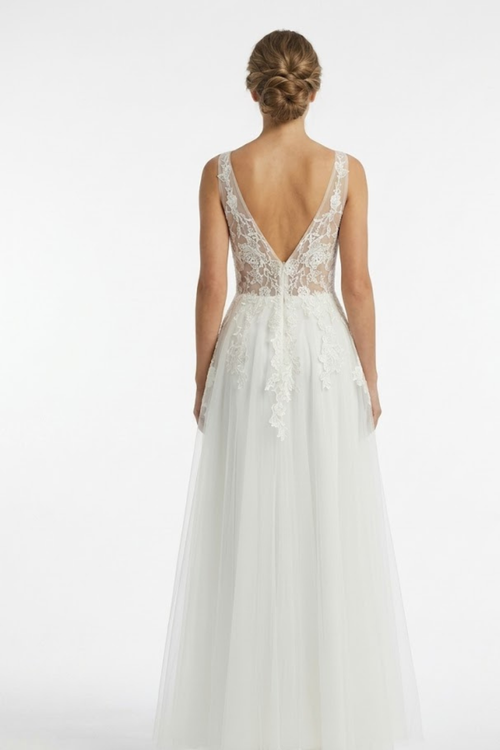 Deep V-Neck Sheer Lace Strap Floral Appliqué A-Line Tulle Wedding Dress by May Queen MQ2253