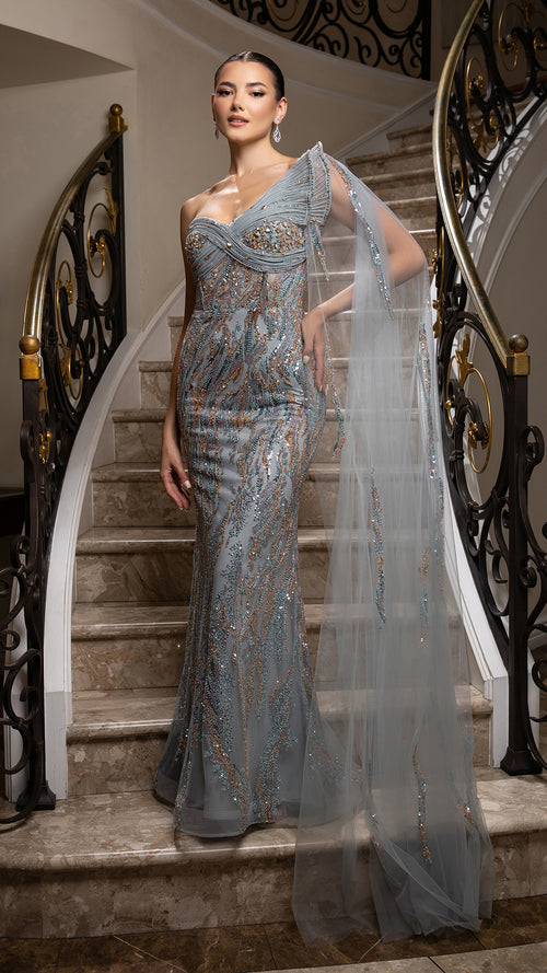 One-Shoulder Sweetheart Allover Beaded Sheath Formal Prom Dress by Royal Queen RQ8205