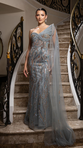 One-Shoulder Sweetheart Allover Beaded Sheath Formal Prom Dress by Royal Queen RQ8205