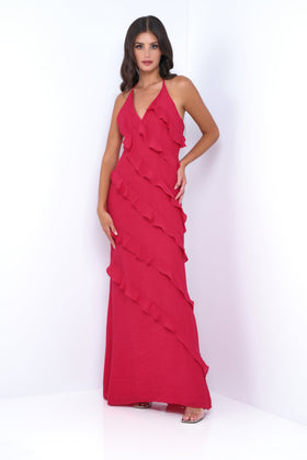 Remi Red Halter Open-Back Ruffle Wedding Guest Maxi Dress