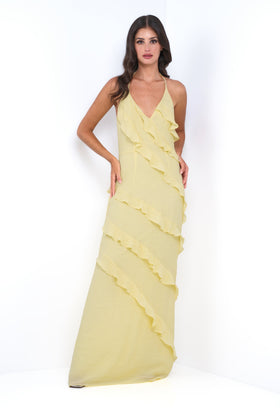 Remi Yellow Halter Open-Back Ruffle Wedding Guest Maxi Dress