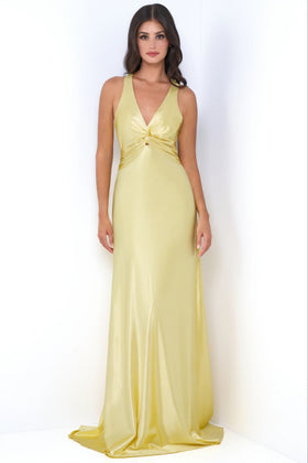 Odette Yellow V-Neck Open-Back Satin Prom Maxi Dress
