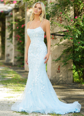 The Dutchess Light Blue Straight Neck Corset Floral Lace Prom Gown