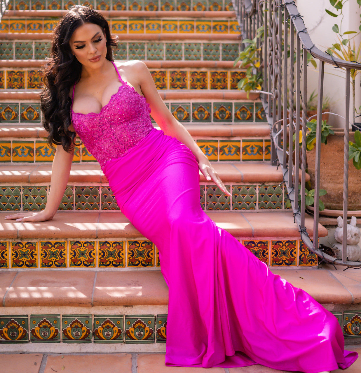 Rylie Fuchsia V-Neck Fitted Lace Formal Gown