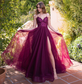 Dani Mulberry Lace-Up Back Tulle Lace Prom Gown