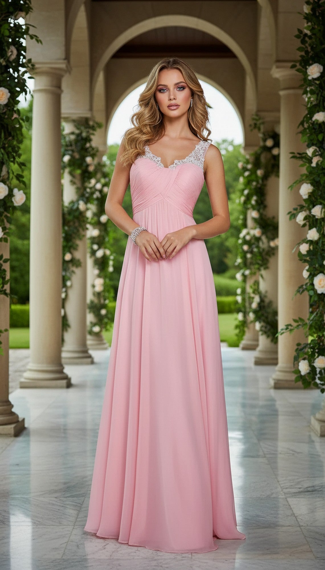 A woman in the Sheer-Back Long A-Line Prom Dress: La Femme 21130, with jeweled straps, stands in a marble colonnade garden filled with greenery and white flowersâ€”her elegant gown perfect for any special occasion.
