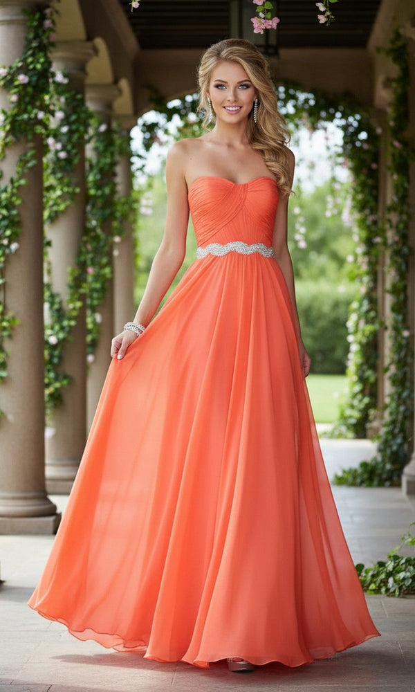A woman in the Simple Strapless Long Prom Dress: La Femme 21218 with a sweetheart corset bodice and silver belt stands outdoors near columns and greenery.