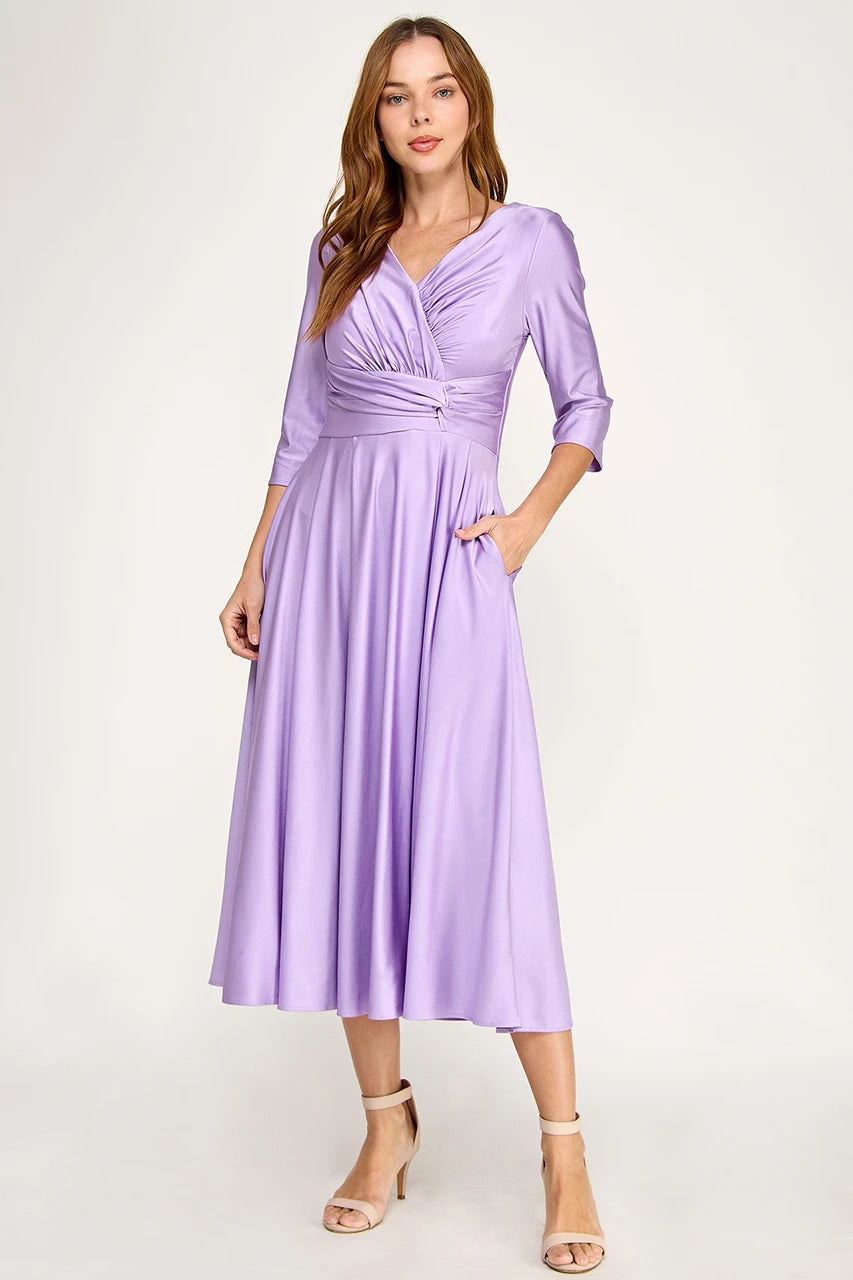 3/4-Sleeve Satin Twist-Front Midi Mother of the Bride Dress V-Neck Evening Dress by Perrty 3127