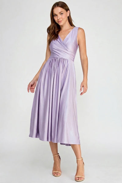 Sleeveless V-Neck Pleated Bodice A-Line Midi-Length Cocktail Dress by Perrty 3131