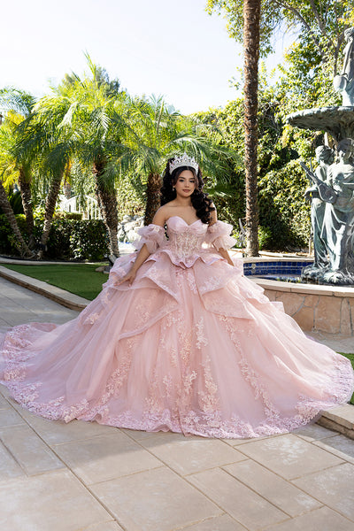 Quinceañera Ball Gown with Corset Bodice 3D Lace Appliqués & Detachable Train By Layla K LK289