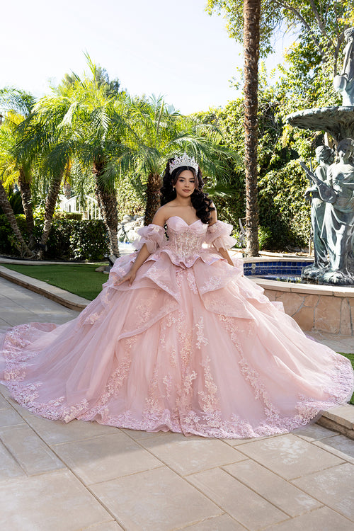 Quinceañera Ball Gown with Corset Bodice 3D Lace Appliqués & Detachable Train By Layla K LK289