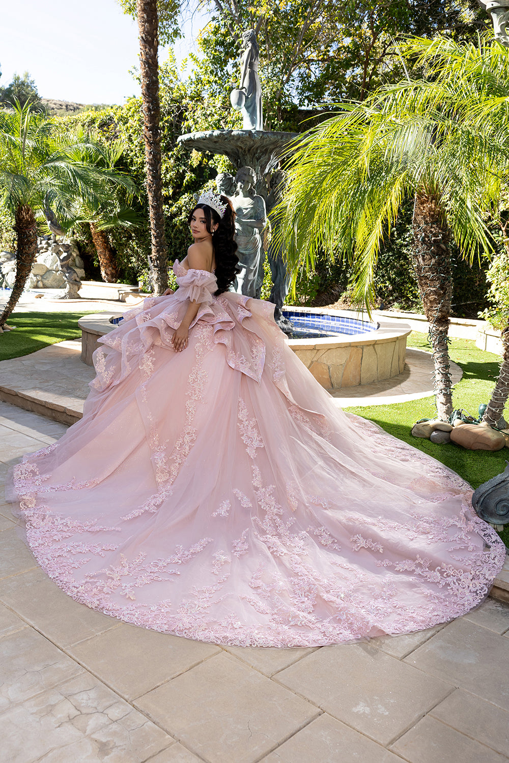 Quinceañera Ball Gown with Corset Bodice 3D Lace Appliqués & Detachable Train By Layla K LK289