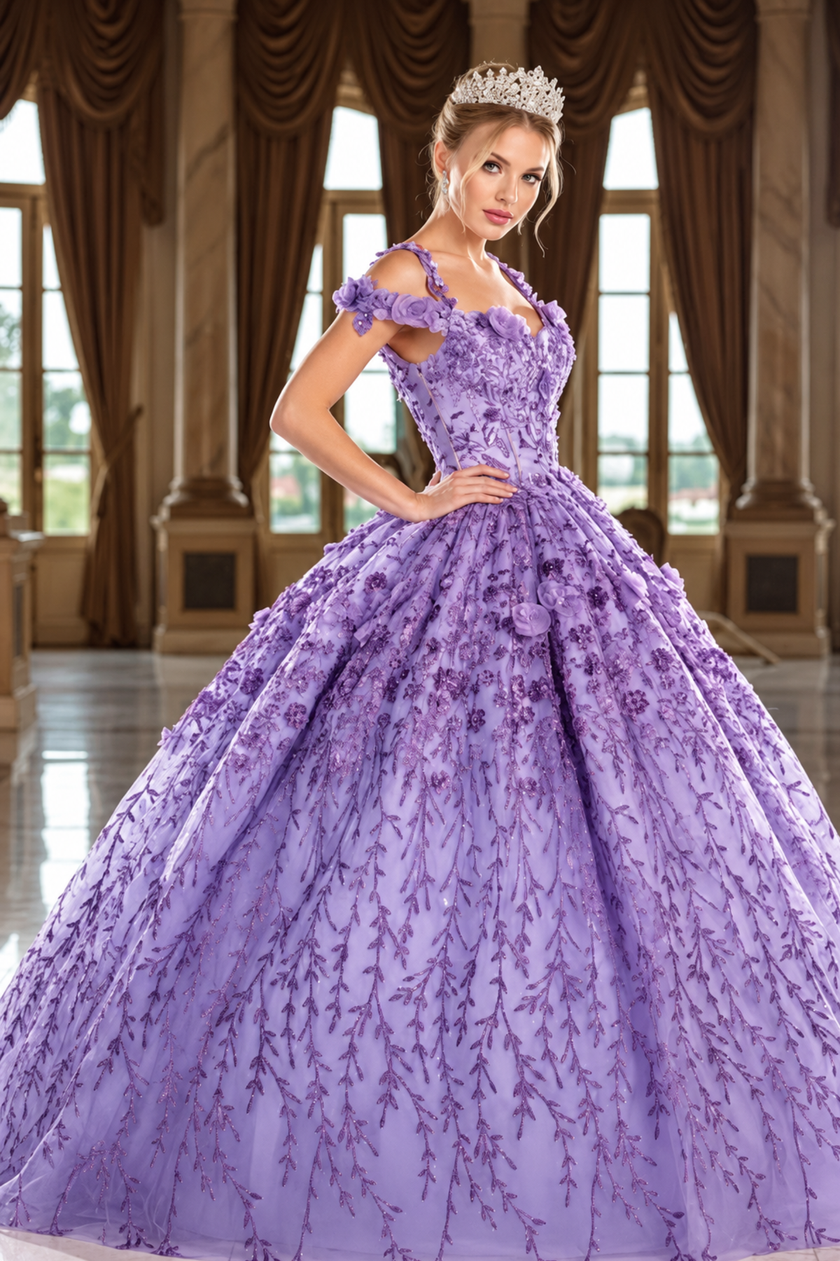 Vestido de quinceañera con hombros descubiertos y apliques florales 3D Layla K LK172