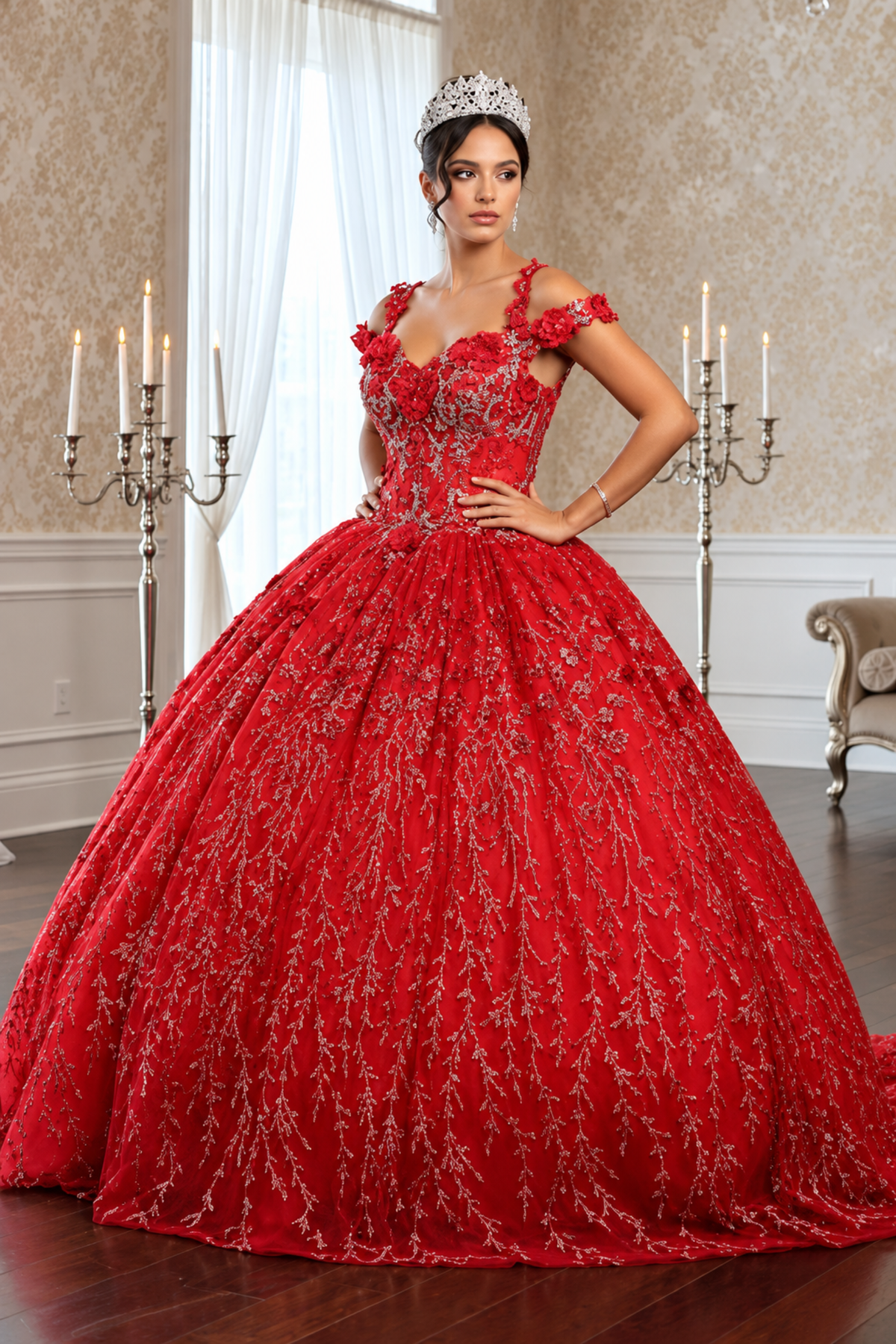 Vestido de quinceañera con hombros descubiertos y apliques florales 3D Layla K LK172