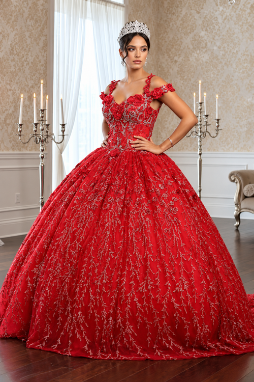 Vestido de quinceañera con hombros descubiertos y apliques florales 3D Layla K LK172