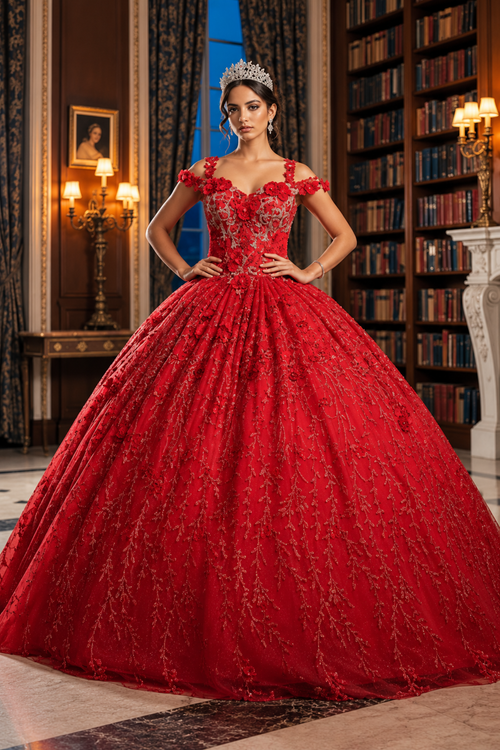 Vestido de quinceañera con hombros descubiertos y apliques florales 3D Layla K LK172