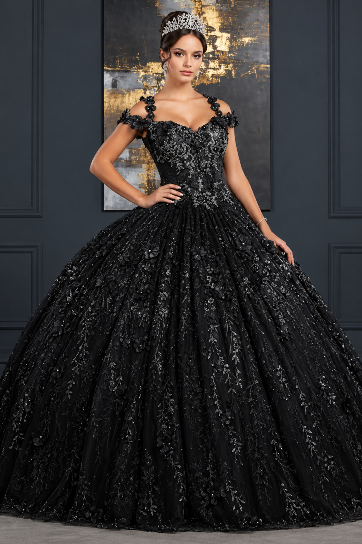 Vestido de quinceañera con hombros descubiertos y apliques florales 3D Layla K LK172