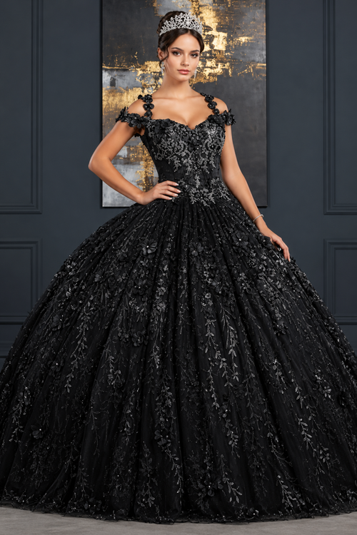 Vestido de quinceañera con hombros descubiertos y apliques florales 3D Layla K LK172