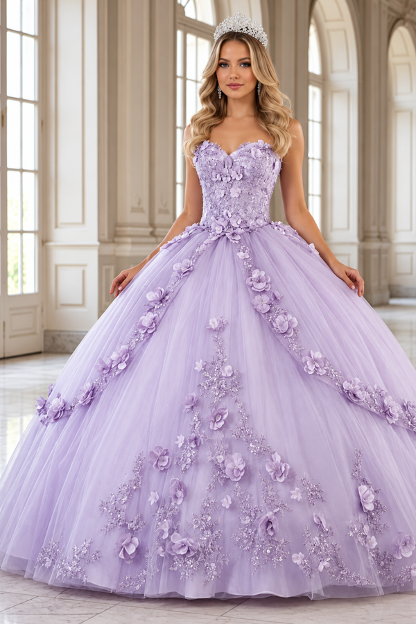 Vestido de fiesta Layla K LK177 sin tirantes, escote en forma de corazón y apliques florales