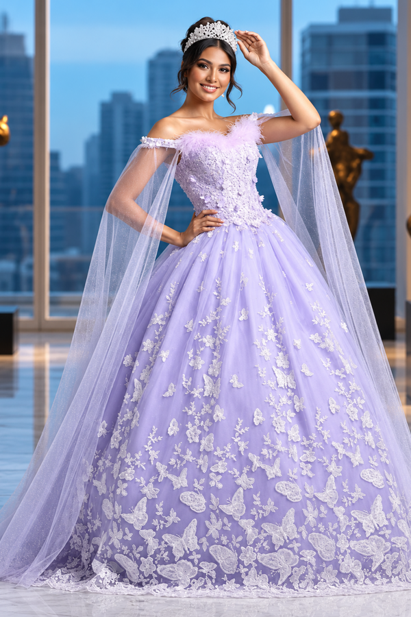 Glitter Butterfly Applique Cape Sleeves Quinceanera Gown