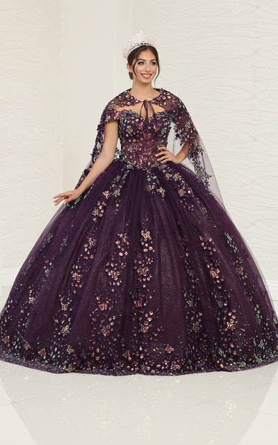 Purple and Gold Quinceanera Dress Off Shoulder Cape Ball Gown by LK252